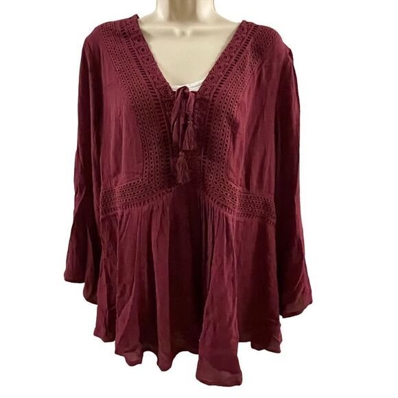 Torrid ~ Burgundy lace up Blouse ~ size 0 (12/L) - Picture 1 of 9